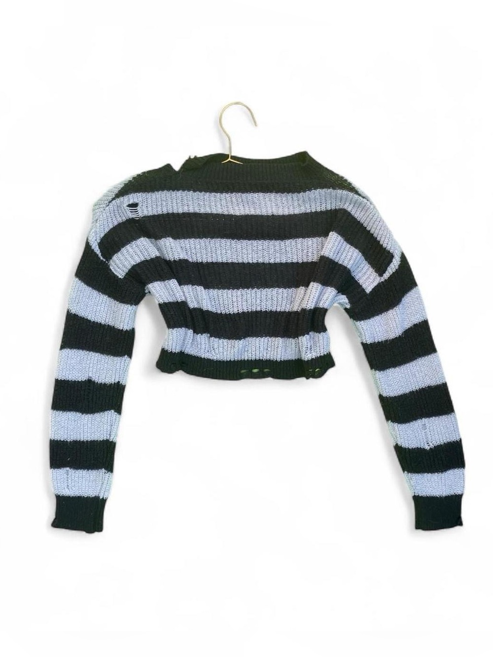 Y2K Black Gray Striped Distressed Crop Sweater Grunge Goth XS/S